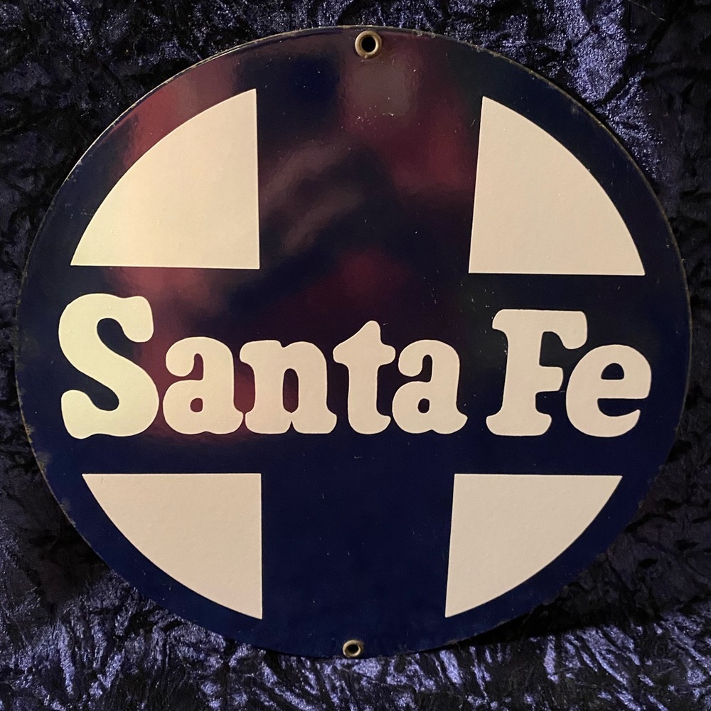 Santa Fe Railroad porcelain enamel sign. Andy Rooney sign.  Heavy sign.